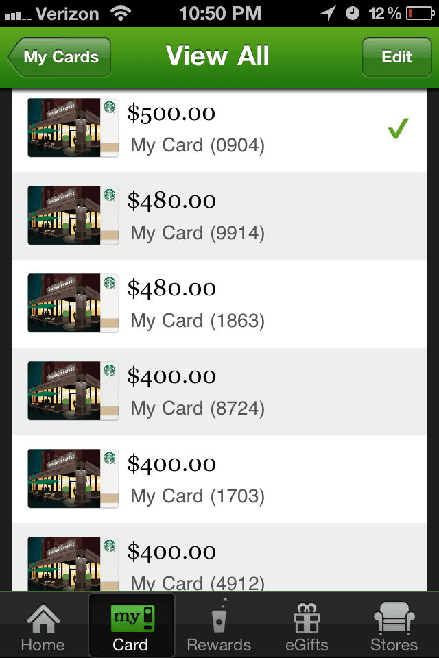 Screenshot of the Starbucks iOS app showing duplicated balances for the bug report.